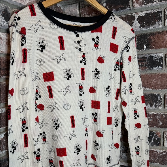 Disney Ribbed Henley Mickey Mouse Peace Dove Rose Long Sleeve Pajama Shirt - Picture 3 of 7